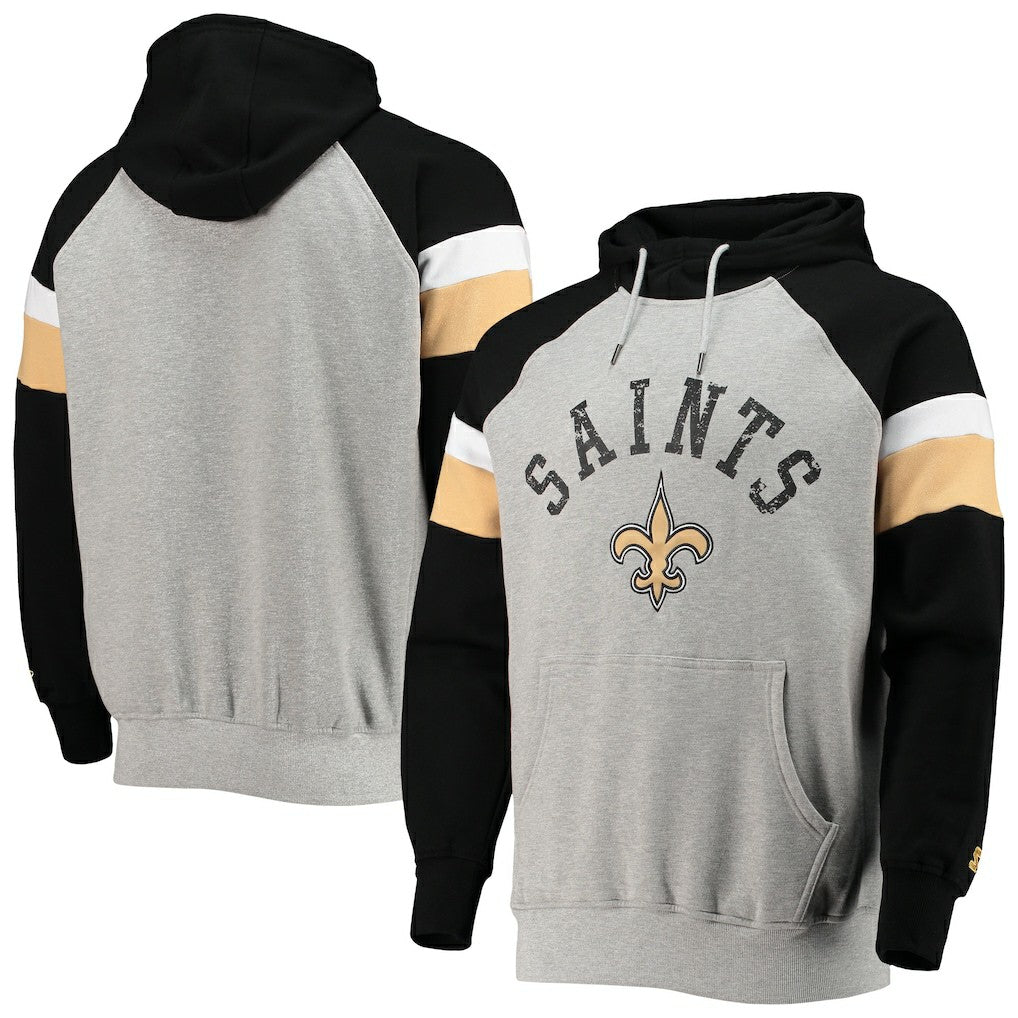 New Orleans Saints Starter Home Run Raglan Pullover Hoodie Heathered Gray/Black - NFL