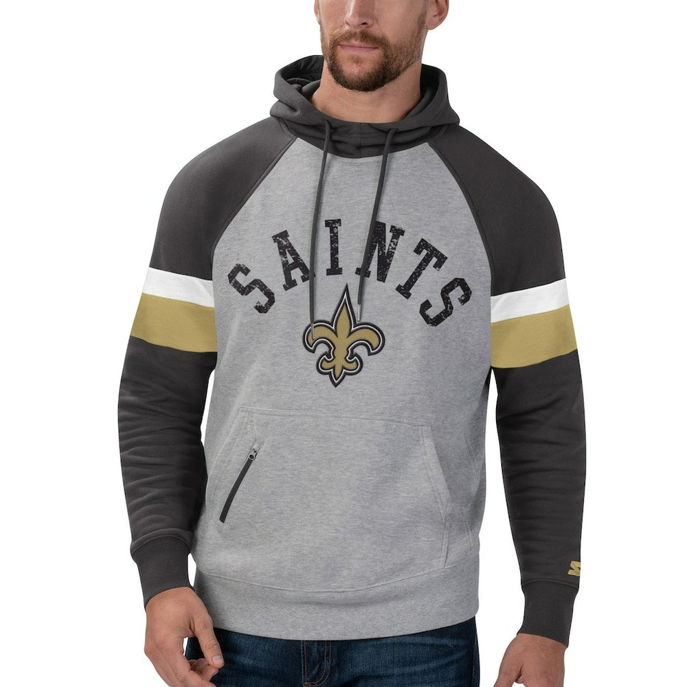 New Orleans Saints Starter Home Run Raglan Pullover Hoodie Heathered Gray/Black - NFL