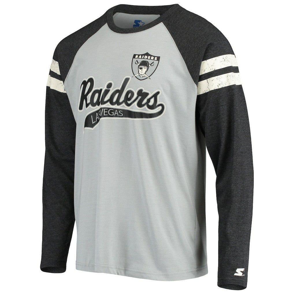 Las Vegas Raiders Starter Throwback League Raglan Long Sleeve Tri-Blend T-Shirt Silver/Black - NFL