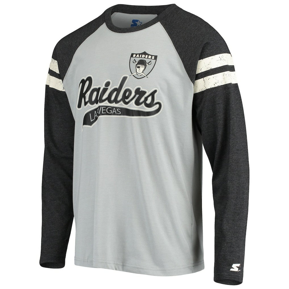 Las Vegas Raiders Starter Throwback League Raglan Long Sleeve Tri-Blend T-Shirt Silver/Black - NFL