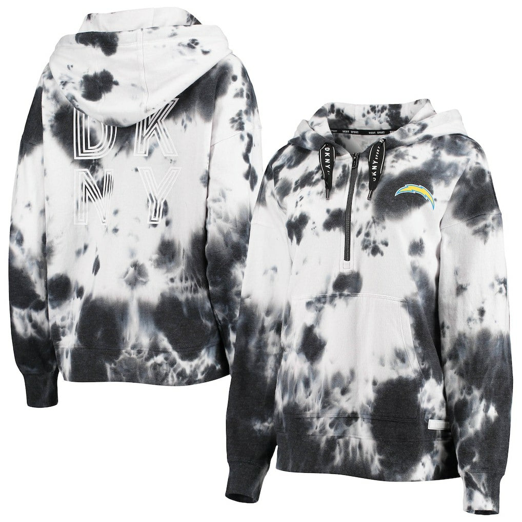 Los Angeles Chargers DKNY Sport Women's Dakota Oversized Tie-Dye Half-Zip Hoodie White/Black - NFL