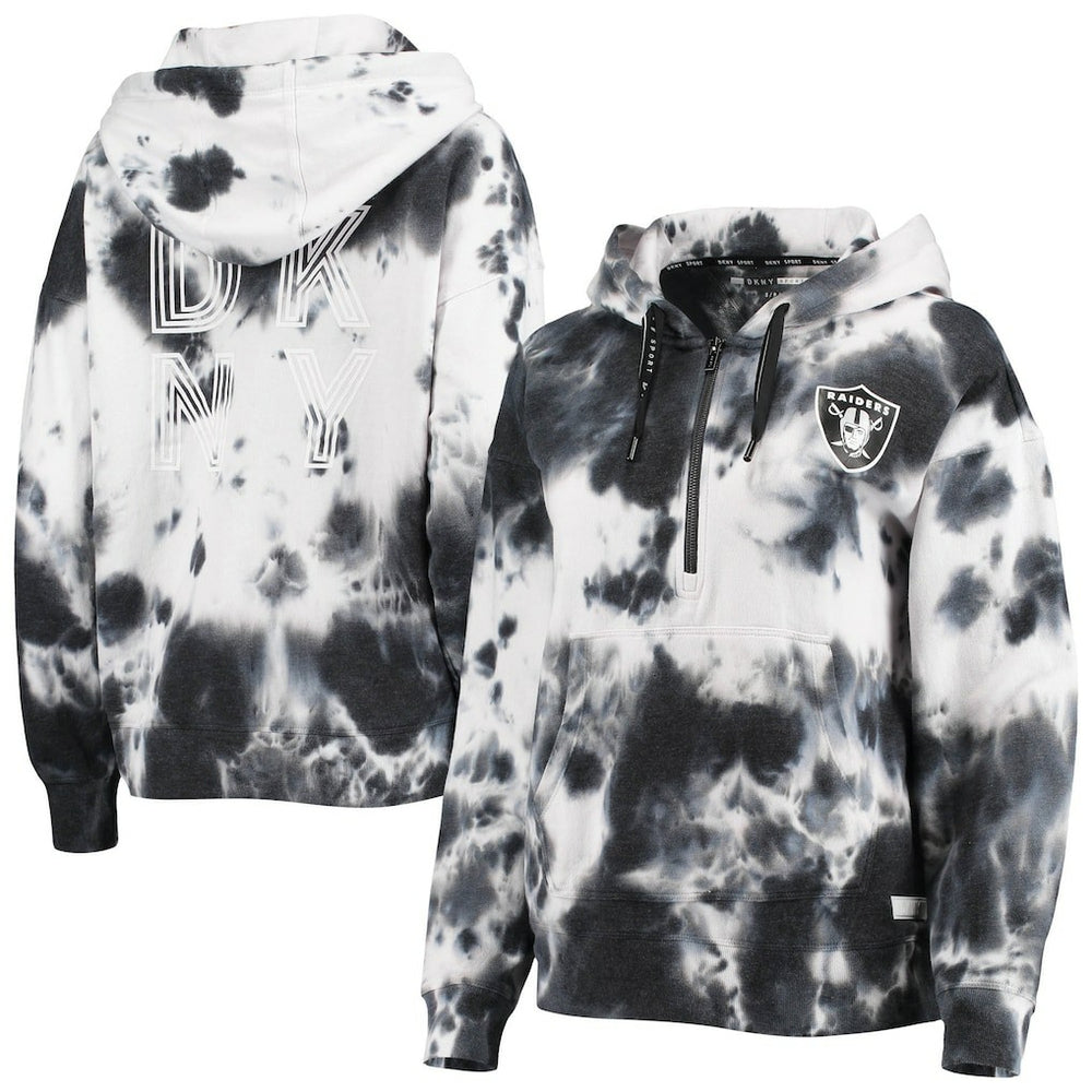 Las Vegas Raiders DKNY Sport Women's Dakota Oversized Tie-Dye Half-Zip Hoodie White/Black - NFL