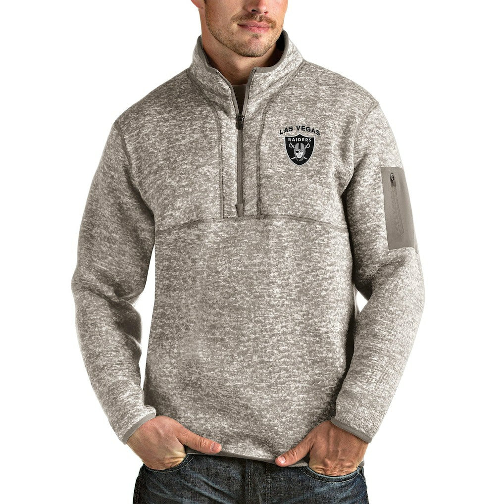 Las Vegas Raiders Antigua Primary Logo Fortune Quarter-Zip Pullover Jacket Oatmeal - NFL
