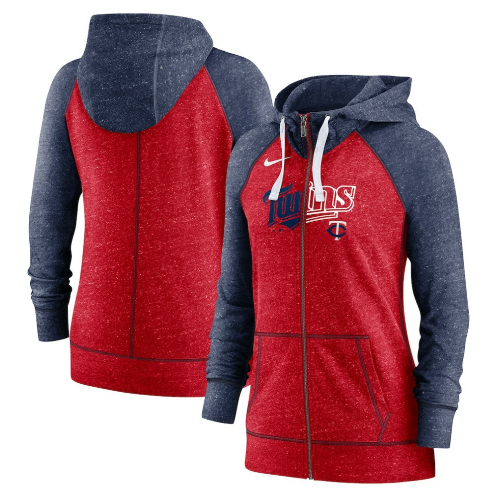 Minnesota Twins Nike Women's Split Wordmark Gym Vintage Raglan Lightweight Full-Zip Hoodie Clearance
