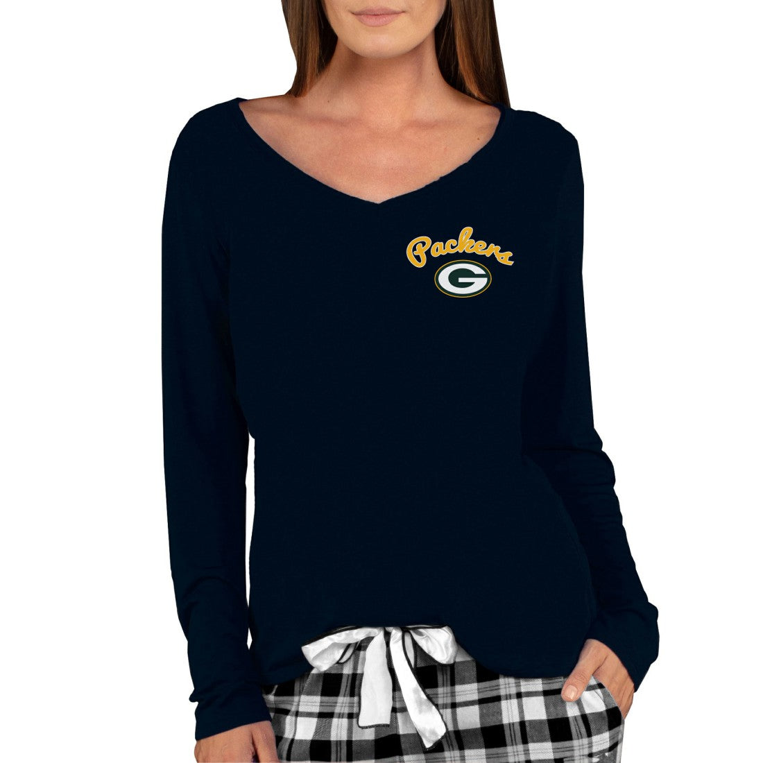 Green Bay Packers Concepts Sport Women's Marathon Knit Long Sleeve Lightweight V-Neck Lounge Top Black - NFL