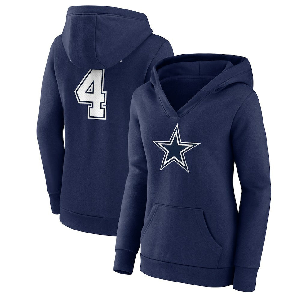 Dak Prescott Dallas Cowboys Women's Player Icon Name & Number V-Neck Pullover Hoodie Navy - Fanatics