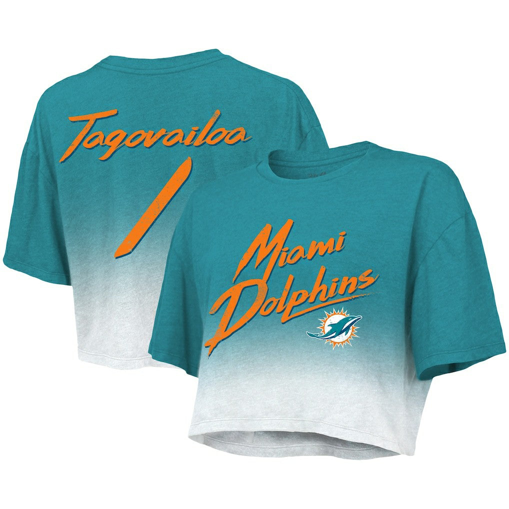 Tua Tagovailoa Miami Dolphins Majestic Threads Women's Dip-Dye Player Name & Number Crop Top Aqua/White - NFL