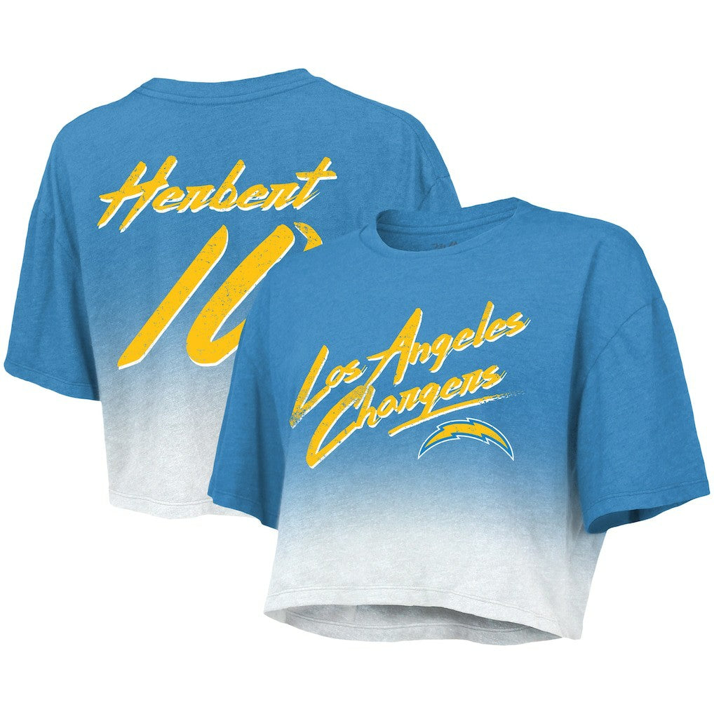 Justin Herbert Los Angeles Chargers Majestic Threads Women's Dip-Dye Player Name & Number Crop Top Powder Blue/White - NFL