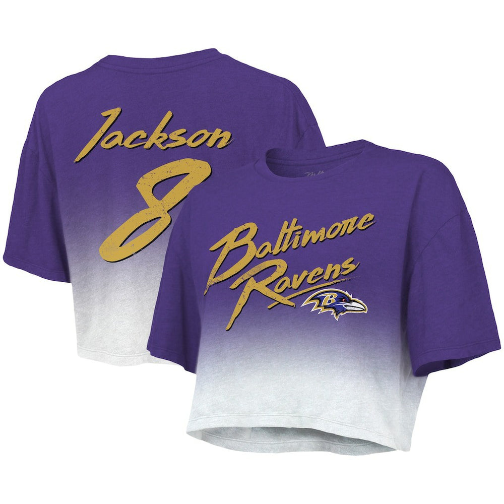 Lamar Jackson Baltimore Ravens Majestic Threads Women's Dip-Dye Player Name & Number Crop Top Purple/White - NFL