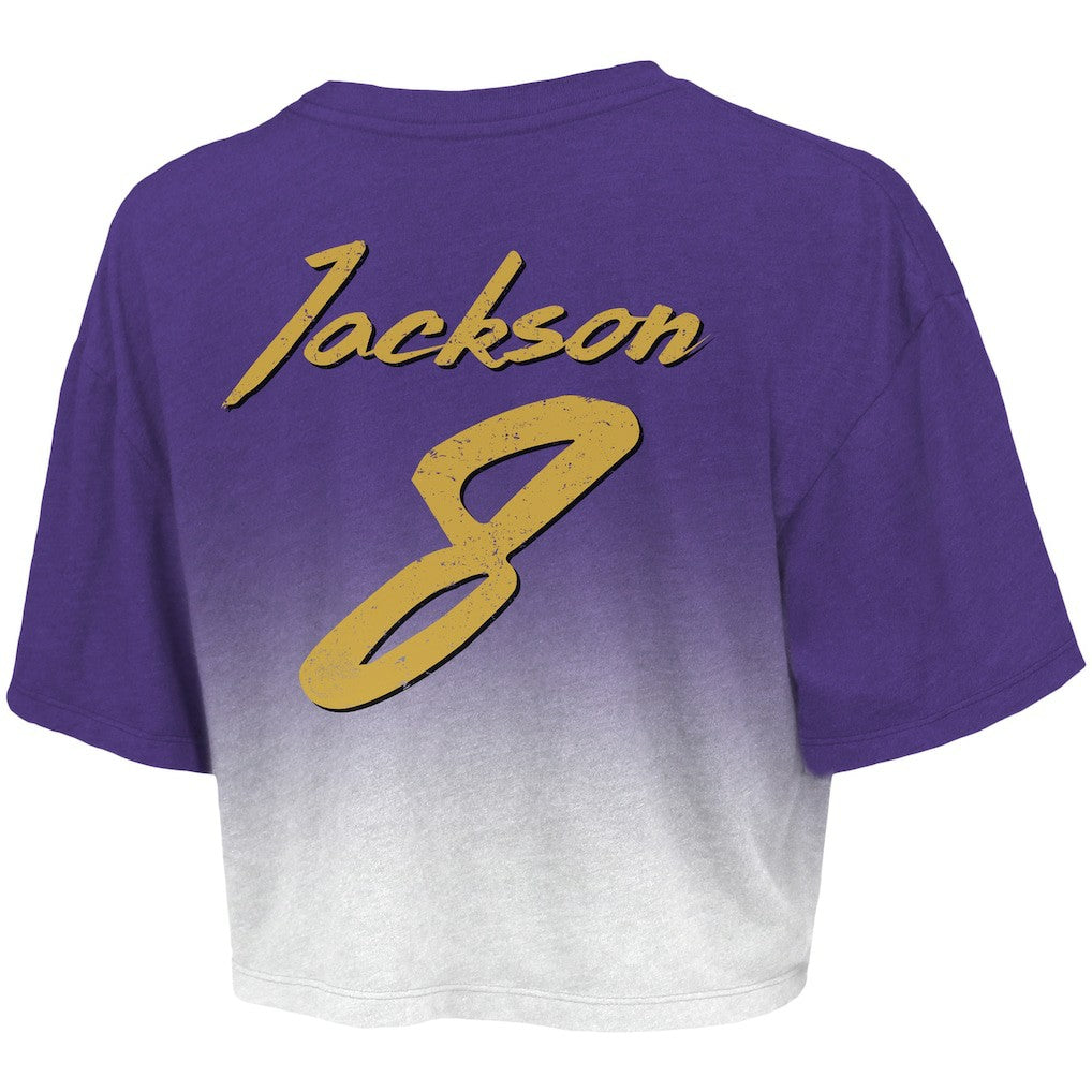 Lamar Jackson Baltimore Ravens Majestic Threads Women's Dip-Dye Player Name & Number Crop Top Purple/White - NFL