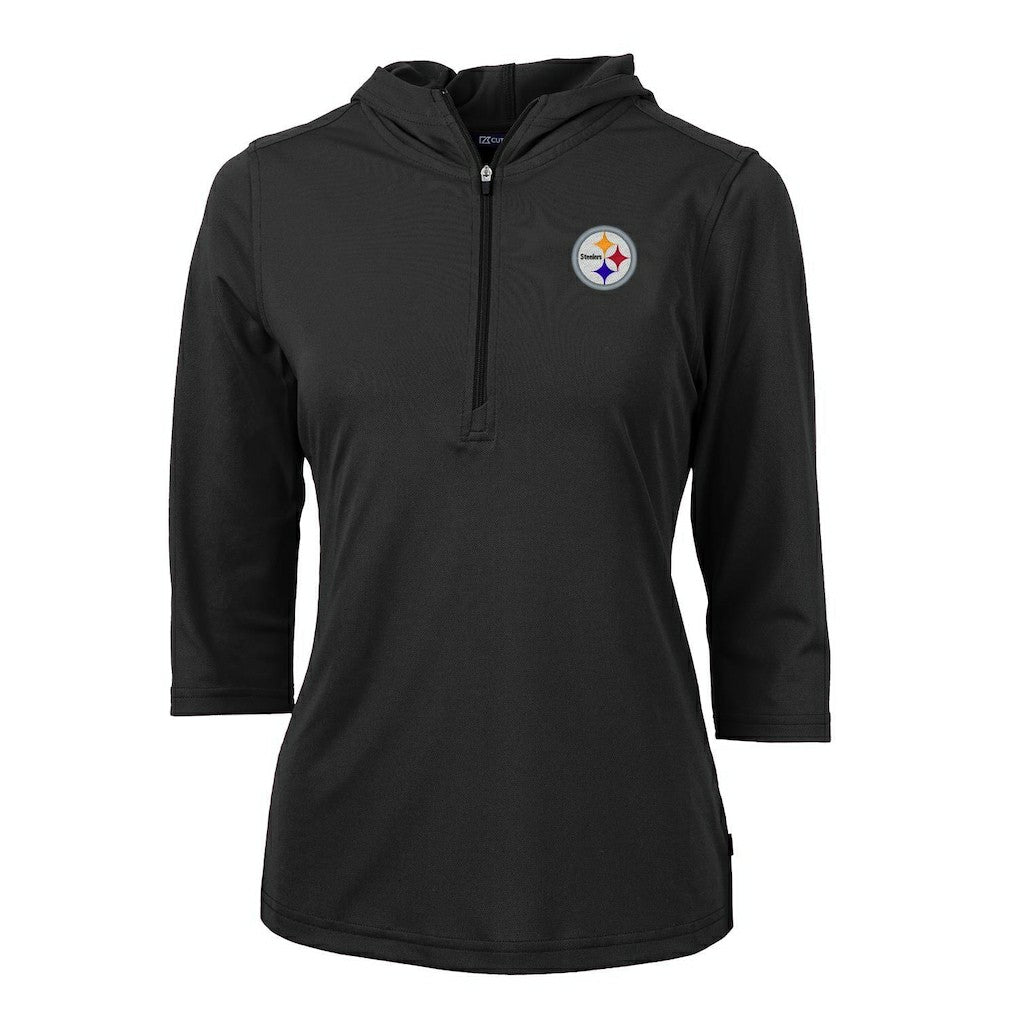 Pittsburgh Steelers Cutter & Buck Women's Virtue Eco Pique Half-Zip 3/4 Sleeve Pullover Hoodie Black - NFL