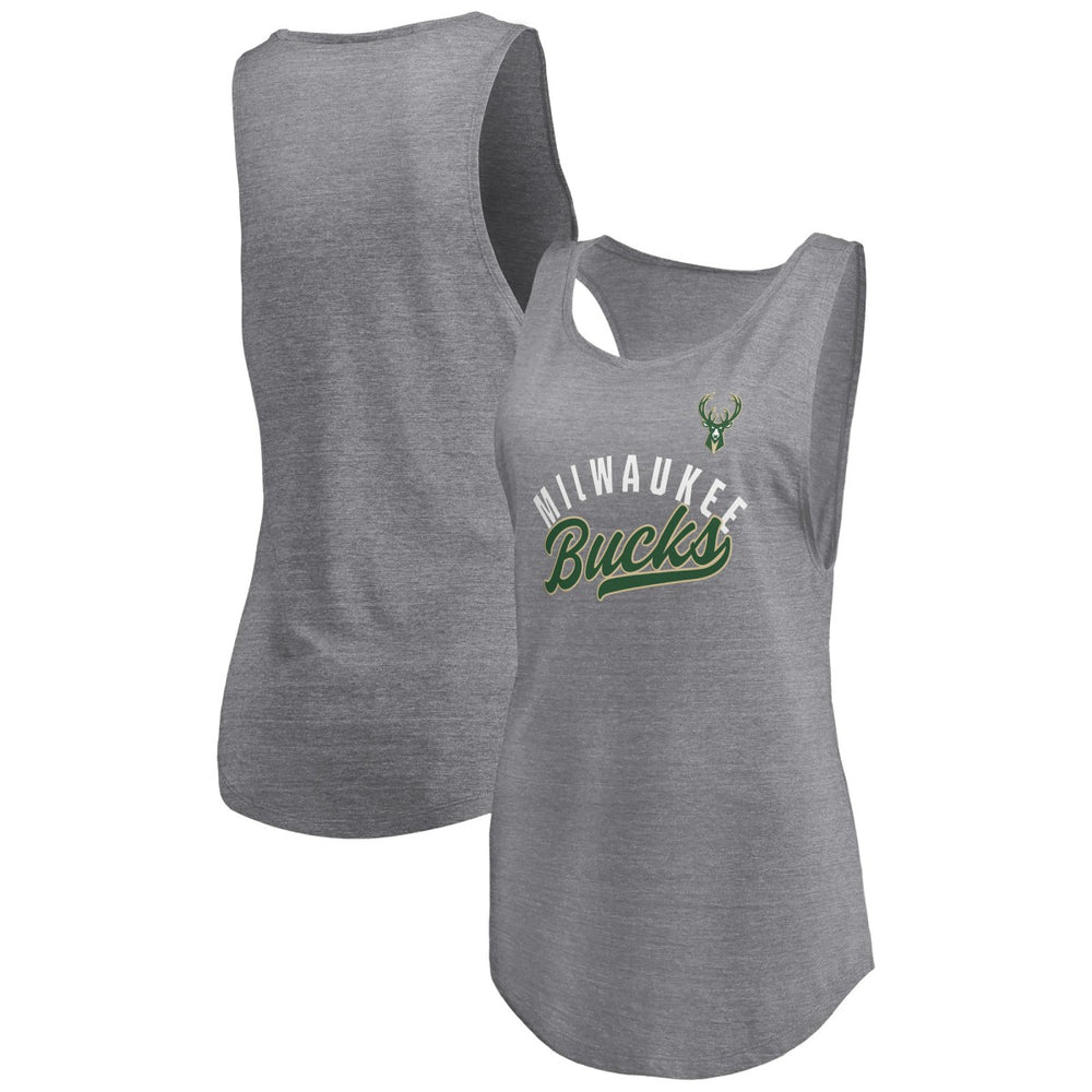 Fanatics - Milwaukee Bucks Women's Quality Time Open Scoop Neck Tri-Blend Tank Top - Heathered Gray