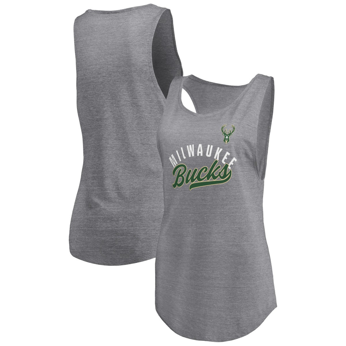 Fanatics - Milwaukee Bucks Women's Quality Time Open Scoop Neck Tri-Blend Tank Top - Heathered Gray