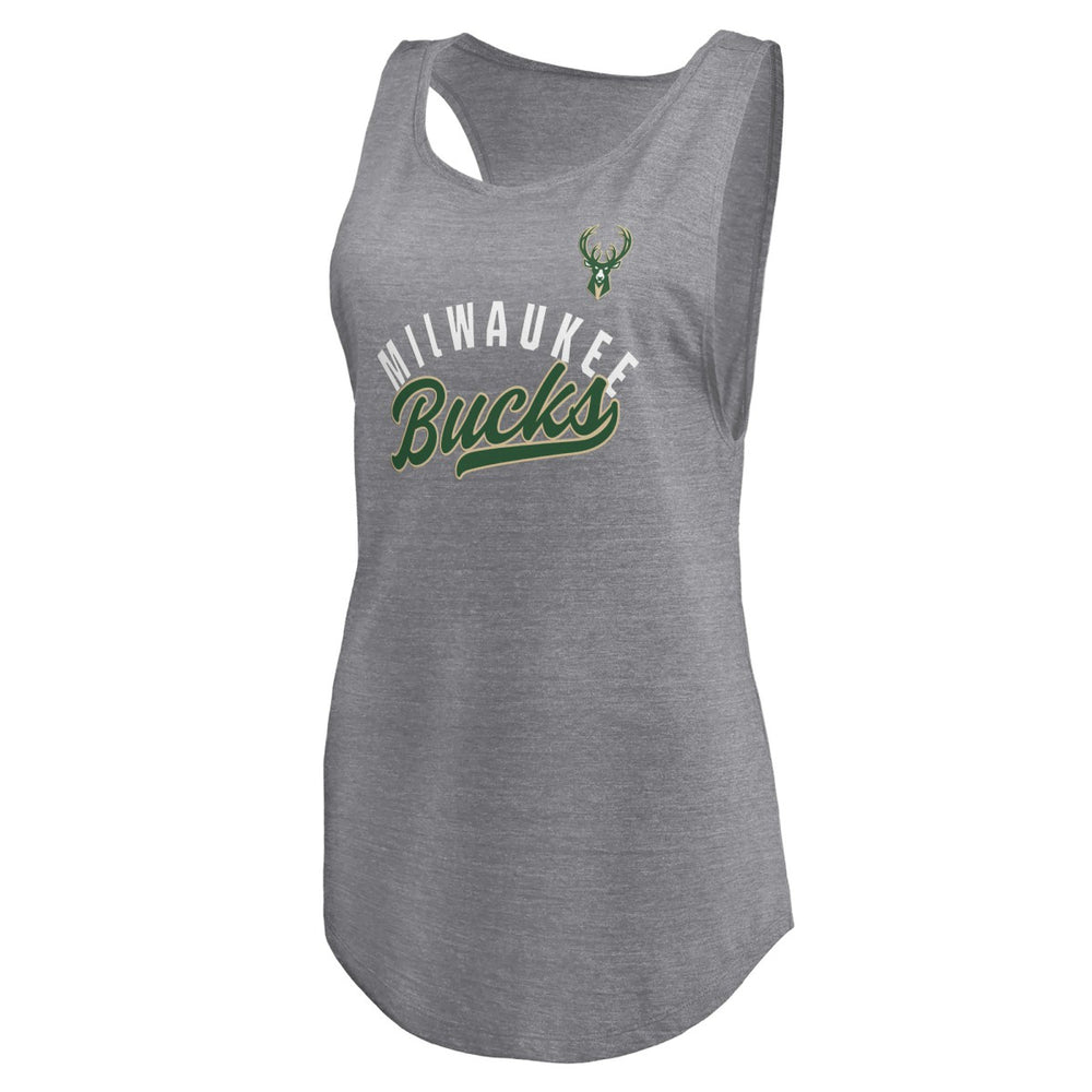 Fanatics - Milwaukee Bucks Women's Quality Time Open Scoop Neck Tri-Blend Tank Top - Heathered Gray