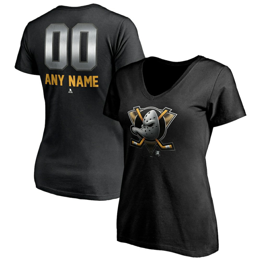 Anaheim Ducks - Women's Personalized Midnight Mascot Logo V-Neck T-Shirt Black