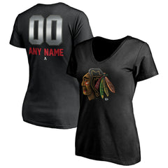 Chicago Blackhawks Women's Personalized Midnight Mascot Logo V-Neck T-Shirt Black