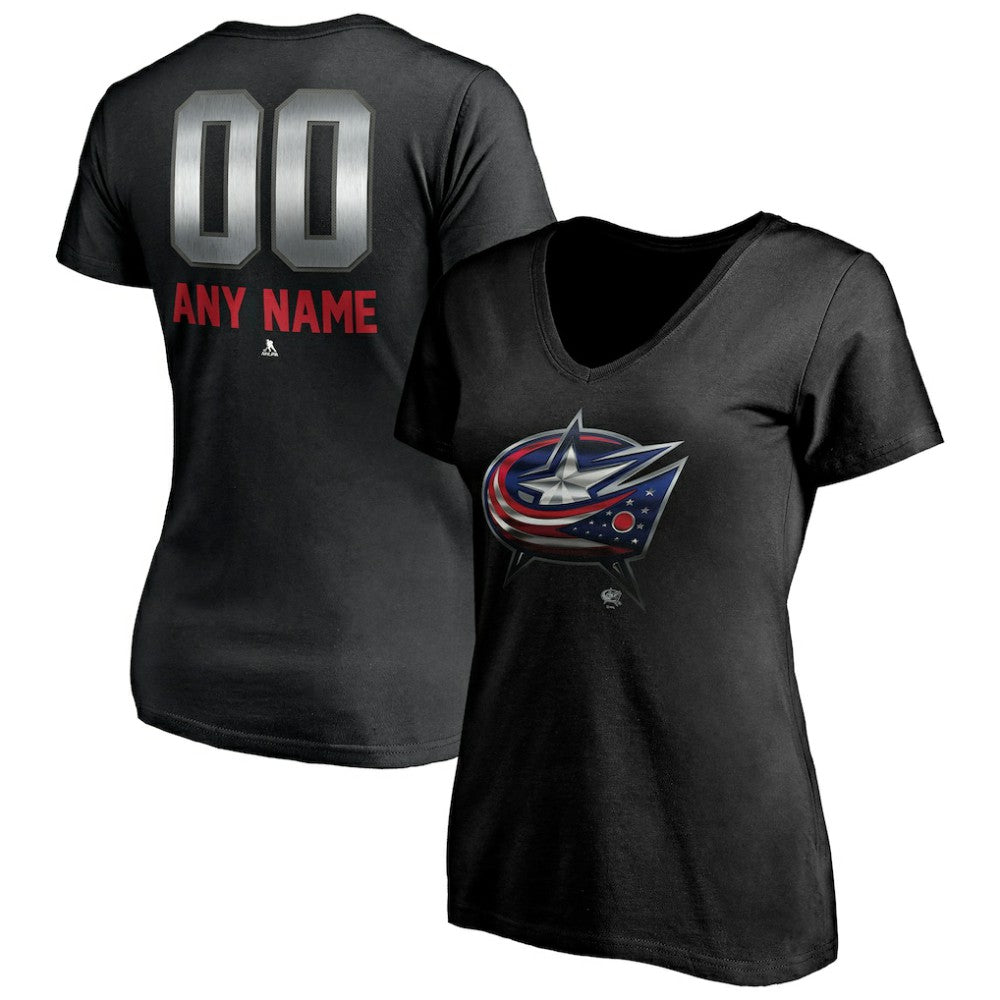 Columbus Blue Jackets - Women's Personalized Midnight Mascot Logo V-Neck T-Shirt Black
