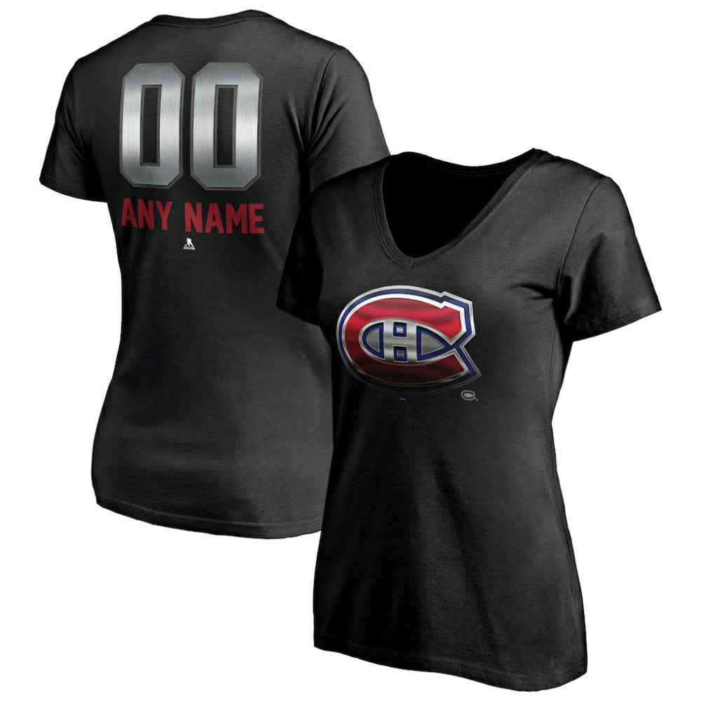 Montreal Canadiens - Women's Personalized Midnight Mascot Logo V-Neck T-Shirt Black