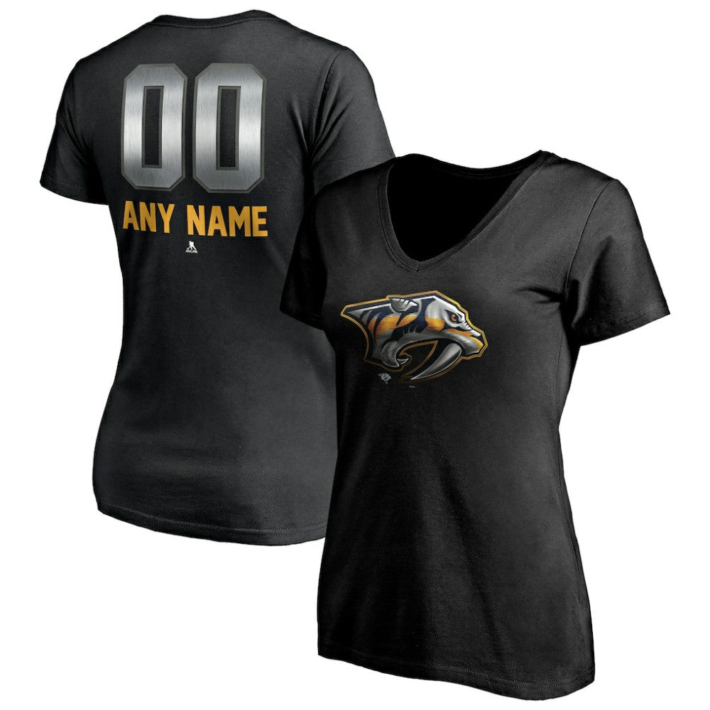 Nashville Predators - Women's Personalized Midnight Mascot Logo V-Neck T-Shirt Black