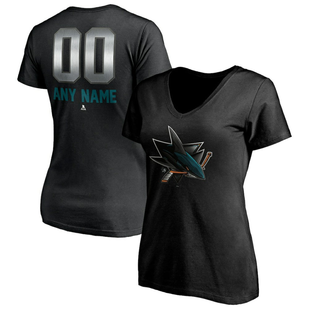 San Jose Sharks - Women's Personalized Midnight Mascot Logo V-Neck T-Shirt Black