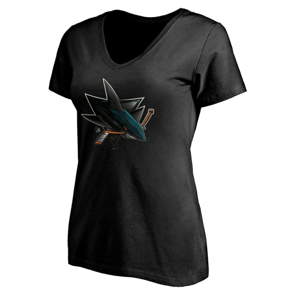 San Jose Sharks - Women's Personalized Midnight Mascot Logo V-Neck T-Shirt Black