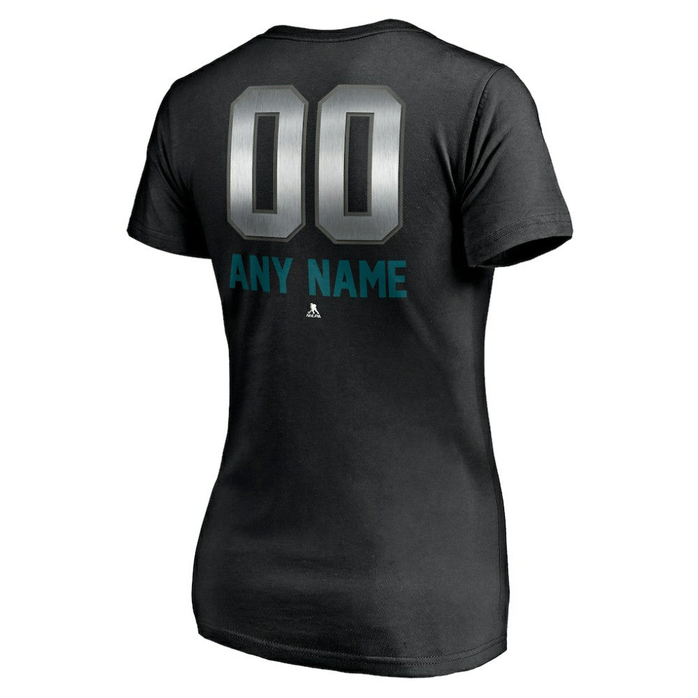 San Jose Sharks - Women's Personalized Midnight Mascot Logo V-Neck T-Shirt Black