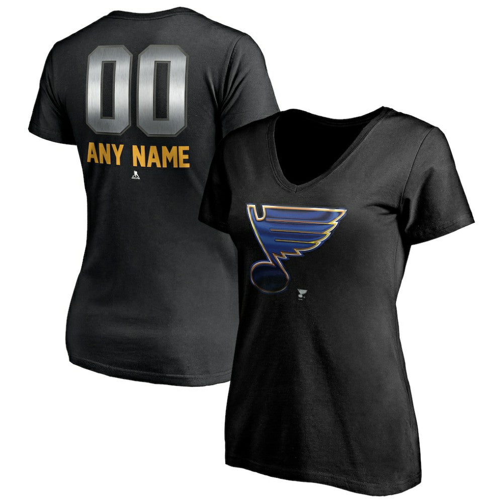 St. Louis Blues - Women's Personalized Midnight Mascot Logo V-Neck T-Shirt Black