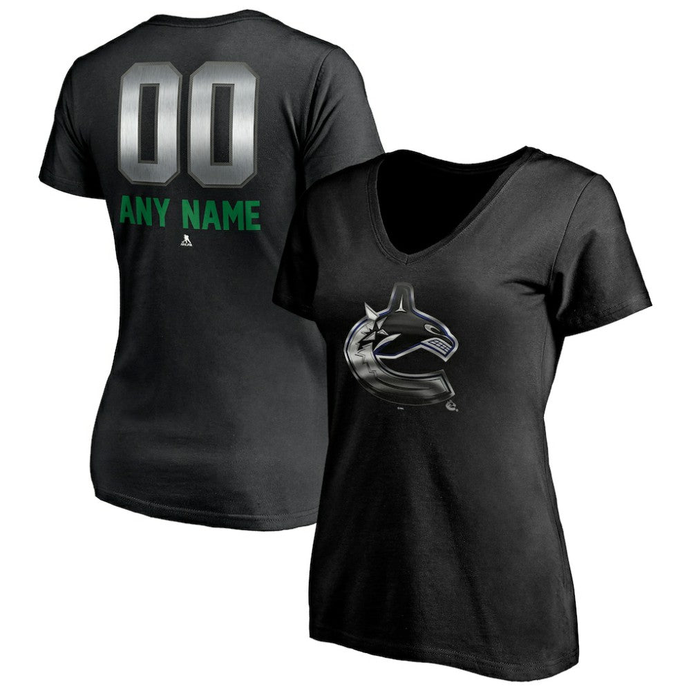 Vancouver Canucks - Women's Personalized Midnight Mascot Logo V-Neck T-Shirt Black