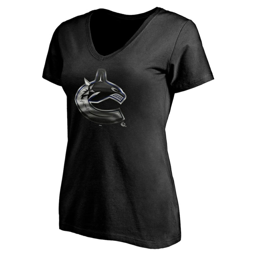 Vancouver Canucks - Women's Personalized Midnight Mascot Logo V-Neck T-Shirt Black