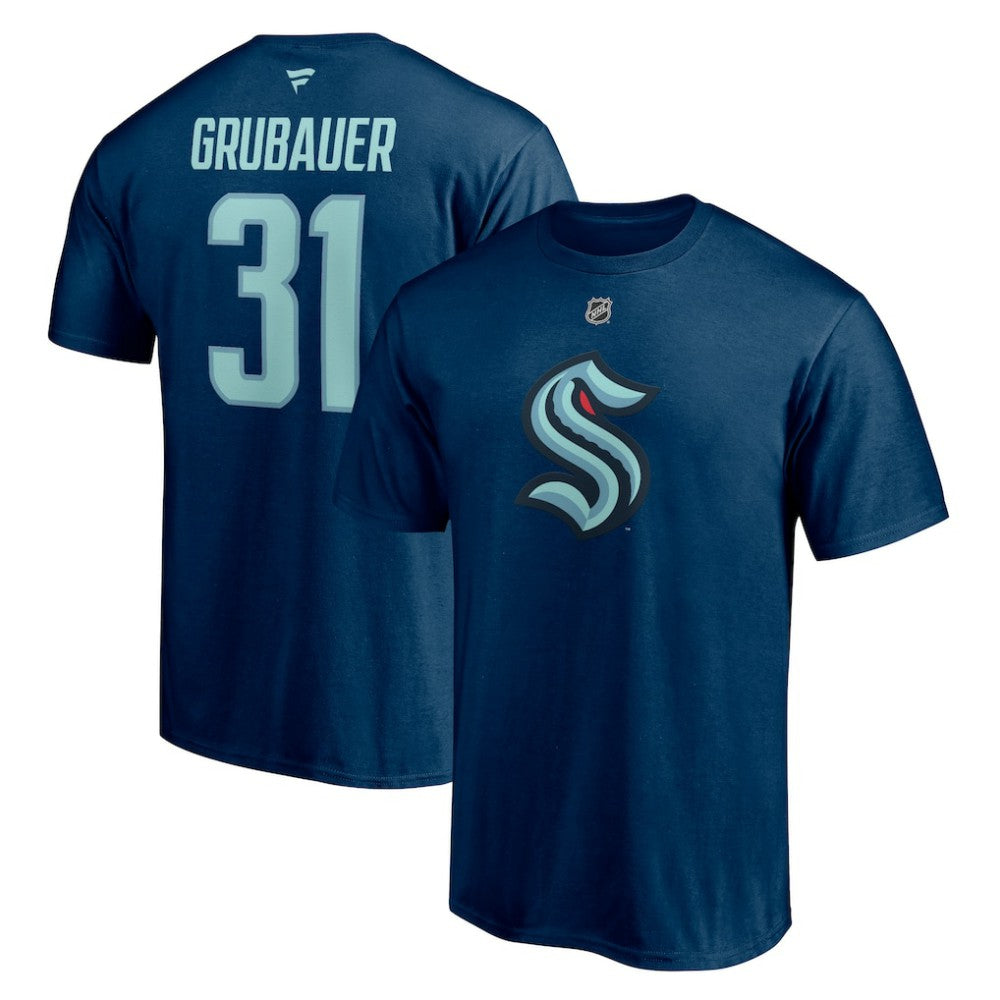 Philipp Grubauer Seattle Kraken Fanatics Authentic Stack Name & Number T-Shirt Deep Sea Blue