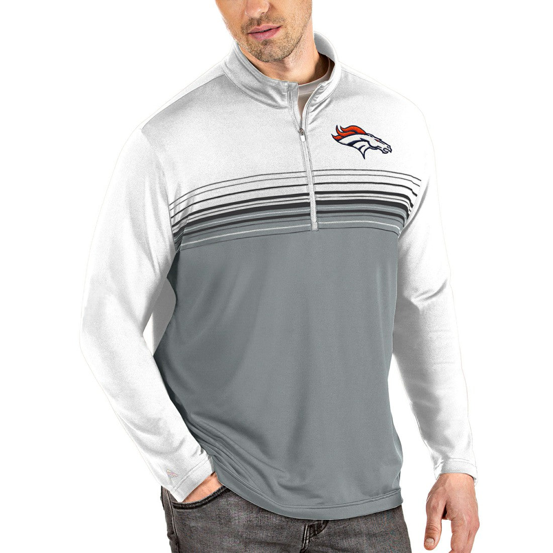 Denver Broncos Antigua Pace Quarter-Zip Pullover Jacket White/Gray - NFL