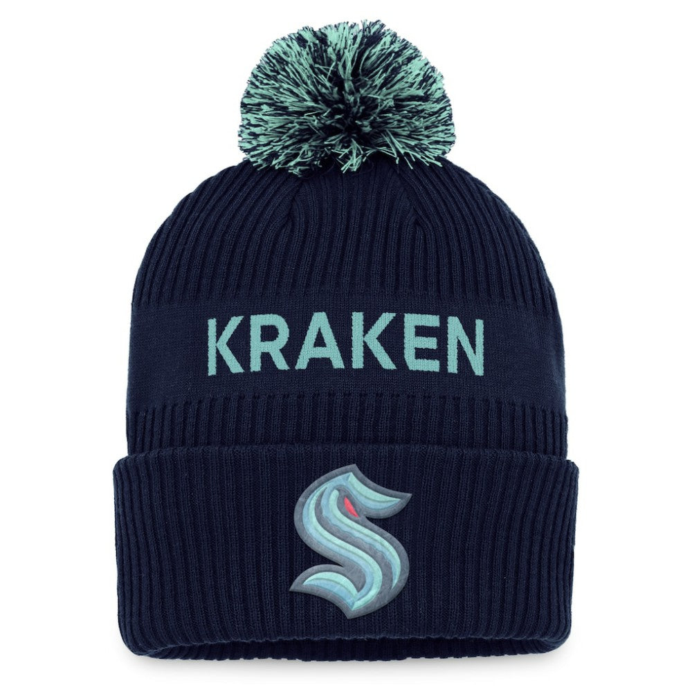 Seattle Kraken Fanatics 2022 NHL Draft Authentic Pro Cuffed Knit Hat with Pom Deep Sea Blue/Light Blue