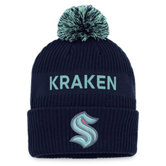Seattle Kraken Fanatics 2022 NHL Draft Authentic Pro Cuffed Knit Hat with Pom Deep Sea Blue/Light Blue
