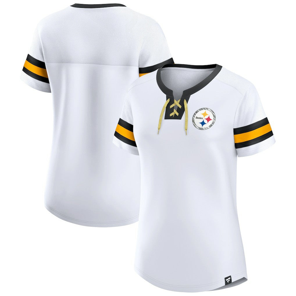 Pittsburgh Steelers Women's Sunday Best Lace-Up T-Shirt White - Fanatics