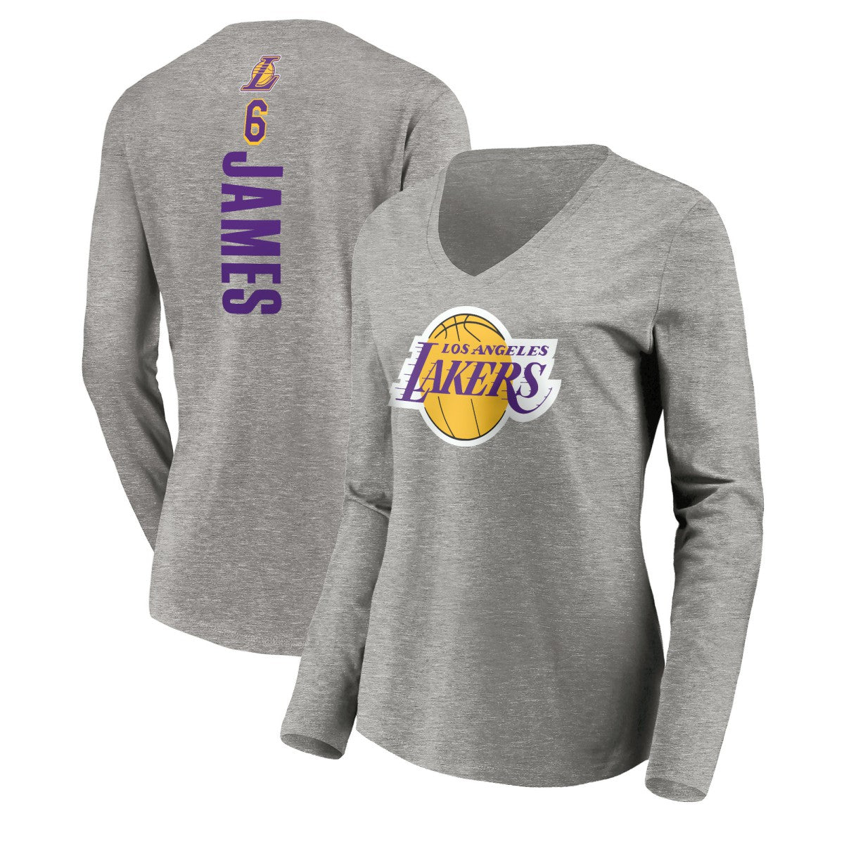 NBA - LeBron James Los Angeles Lakers Women's #6 Playmaker Name & Number Long Sleeve V-Neck T-Shirt - Heathered Gray