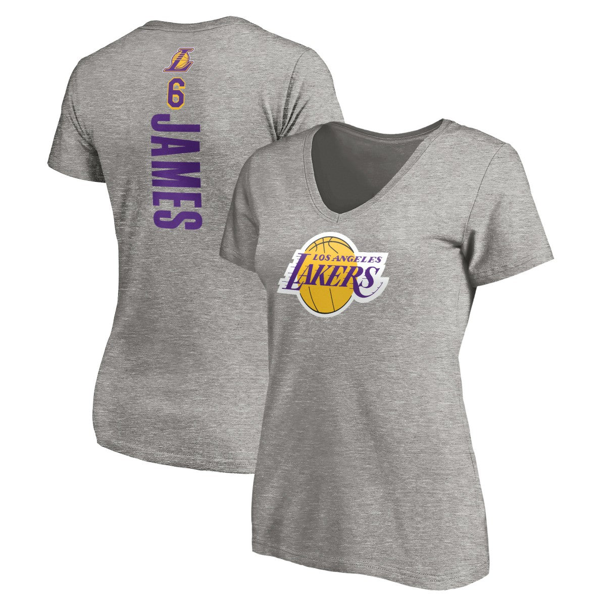 NBA - LeBron James Los Angeles Lakers Women's #6 Playmaker Name & Number V-Neck T-Shirt - Heathered Gray