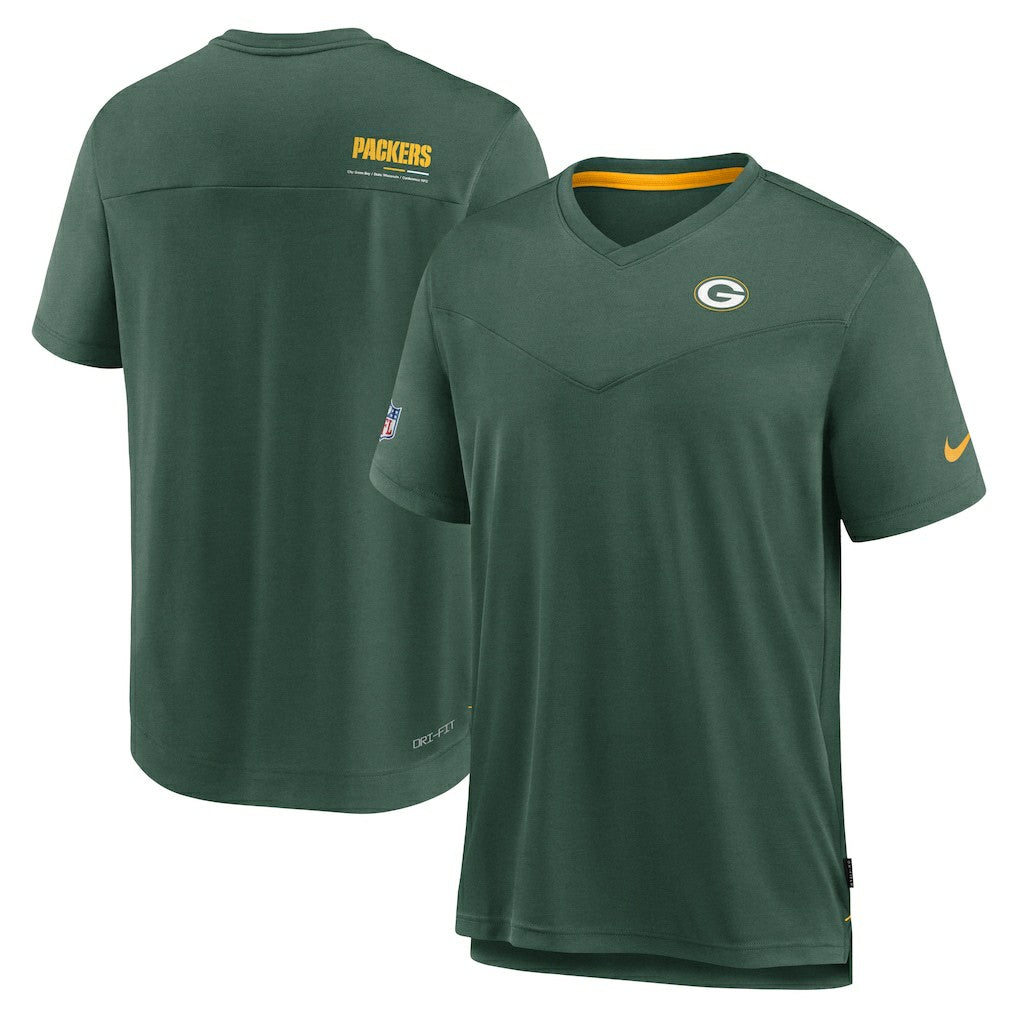 Green Bay Packers Sideline Coach Chevron Lock Up Logo V-Neck Performance T-Shirt Heather Kelly Green - Nike