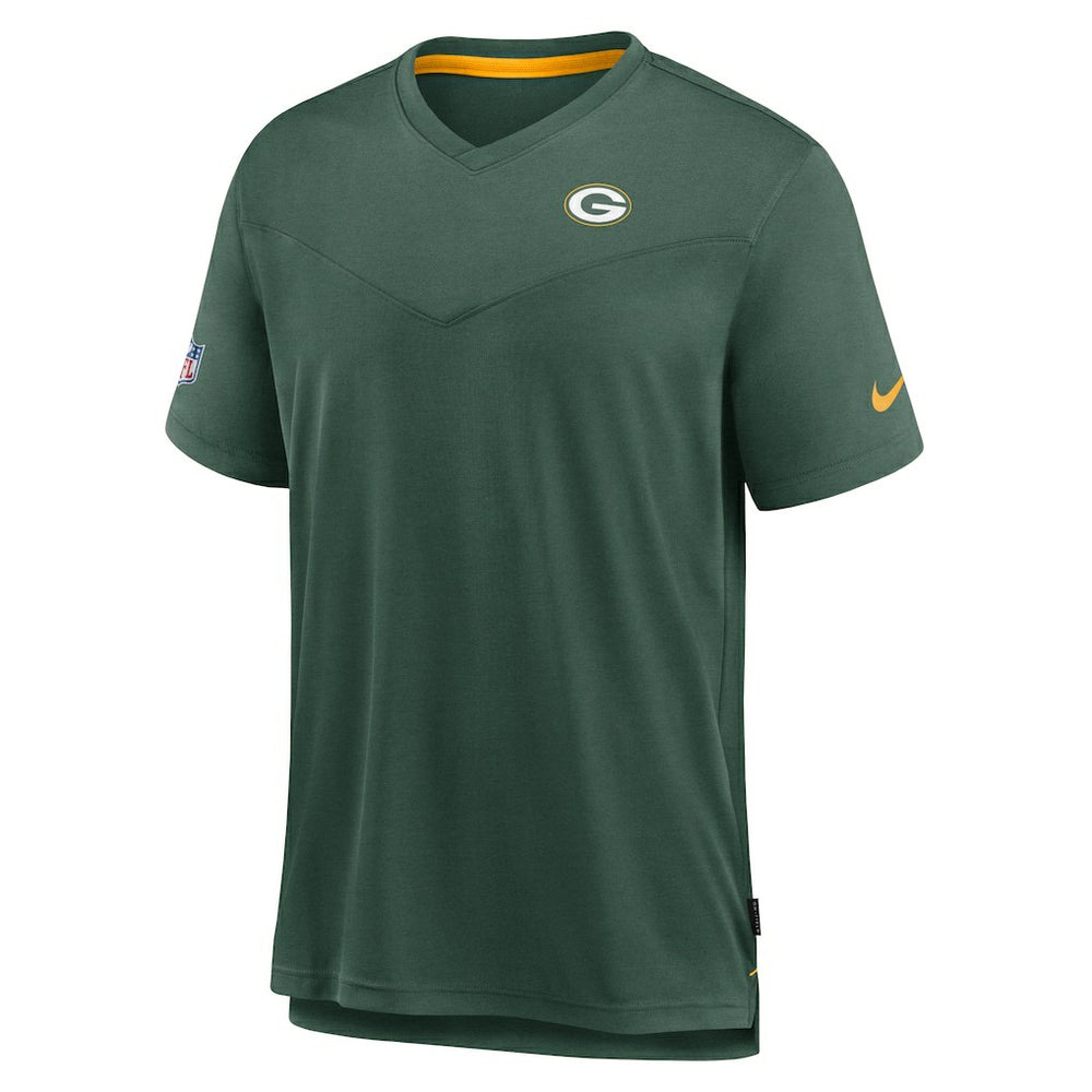 Green Bay Packers Sideline Coach Chevron Lock Up Logo V-Neck Performance T-Shirt Heather Kelly Green - Nike