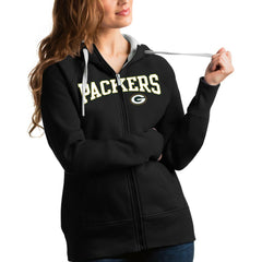 Green Bay Packers Antigua Women's Wordmark Victory Full-Zip Hoodie Black - NFL