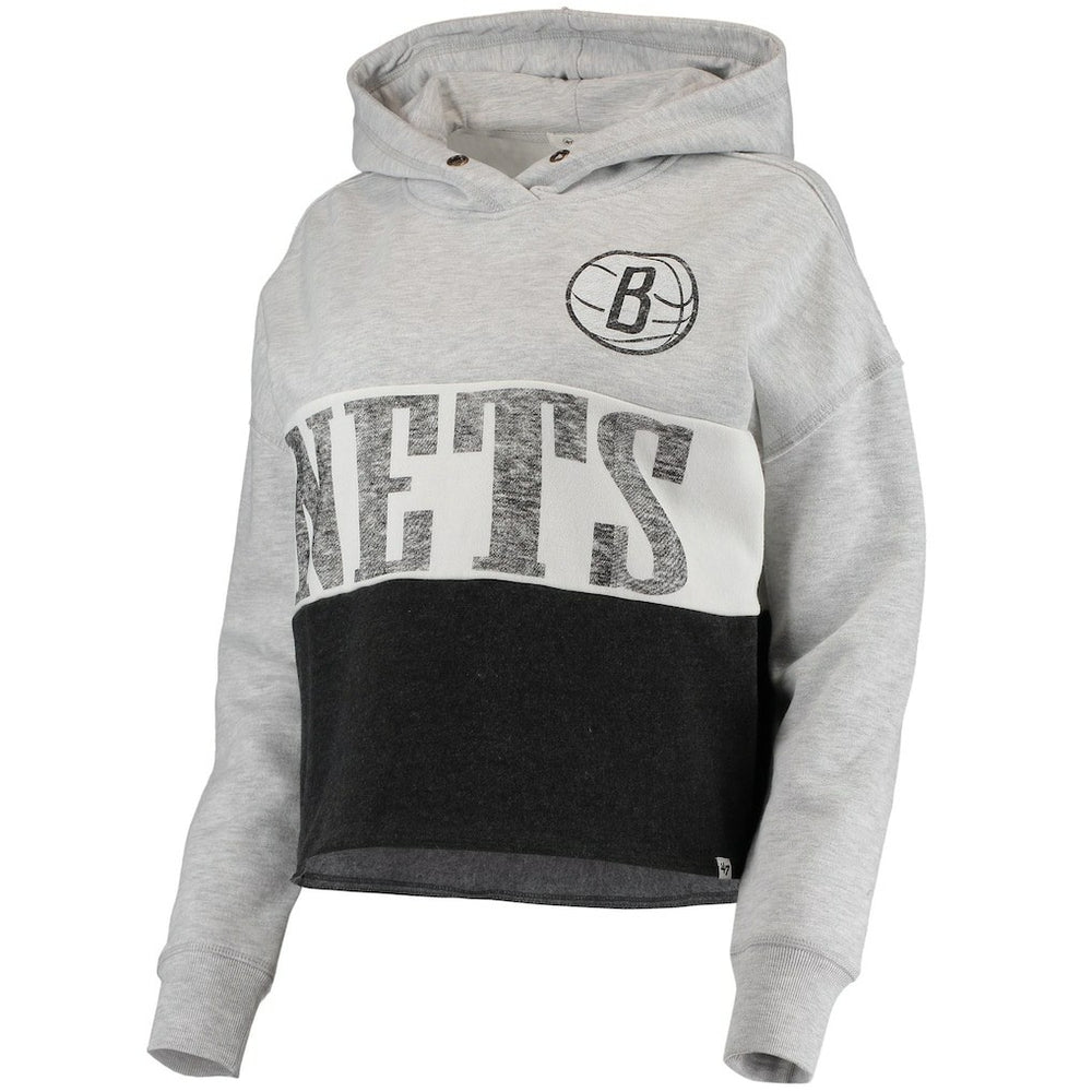 47 brand - Brooklyn Nets '47 Women's Lizzy Cutoff Pullover Hoodie - Heathered Gray/Heathered Black