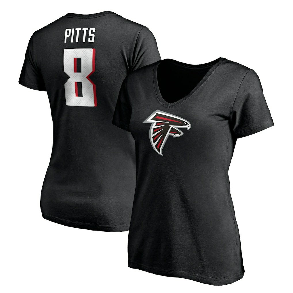Kyle Pitts Atlanta Falcons Women's Player Icon Name & Number V-Neck T-Shirt Black - Fanatics