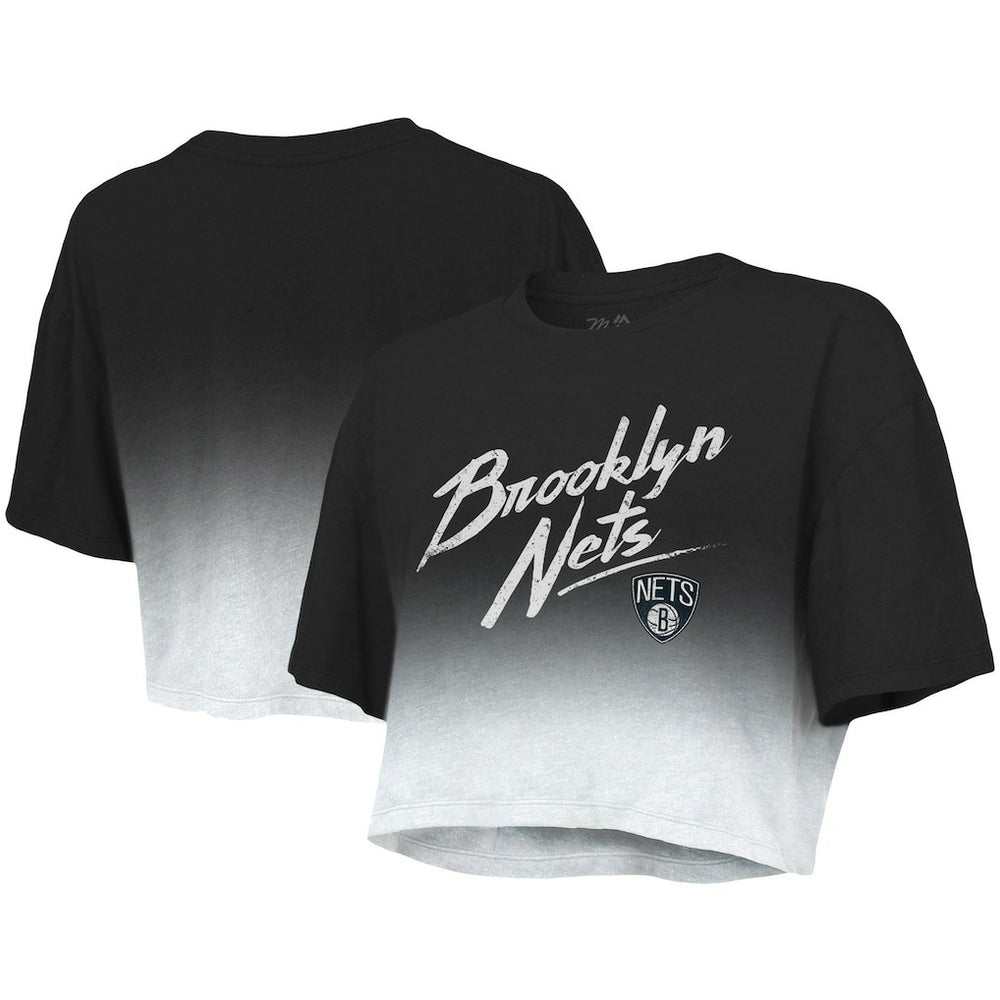 NBA - Brooklyn Nets Majestic Threads Women's Dirty Dribble Tri-Blend Cropped T-Shirt - Black/White