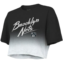 NBA - Brooklyn Nets Majestic Threads Women's Dirty Dribble Tri-Blend Cropped T-Shirt - Black/White