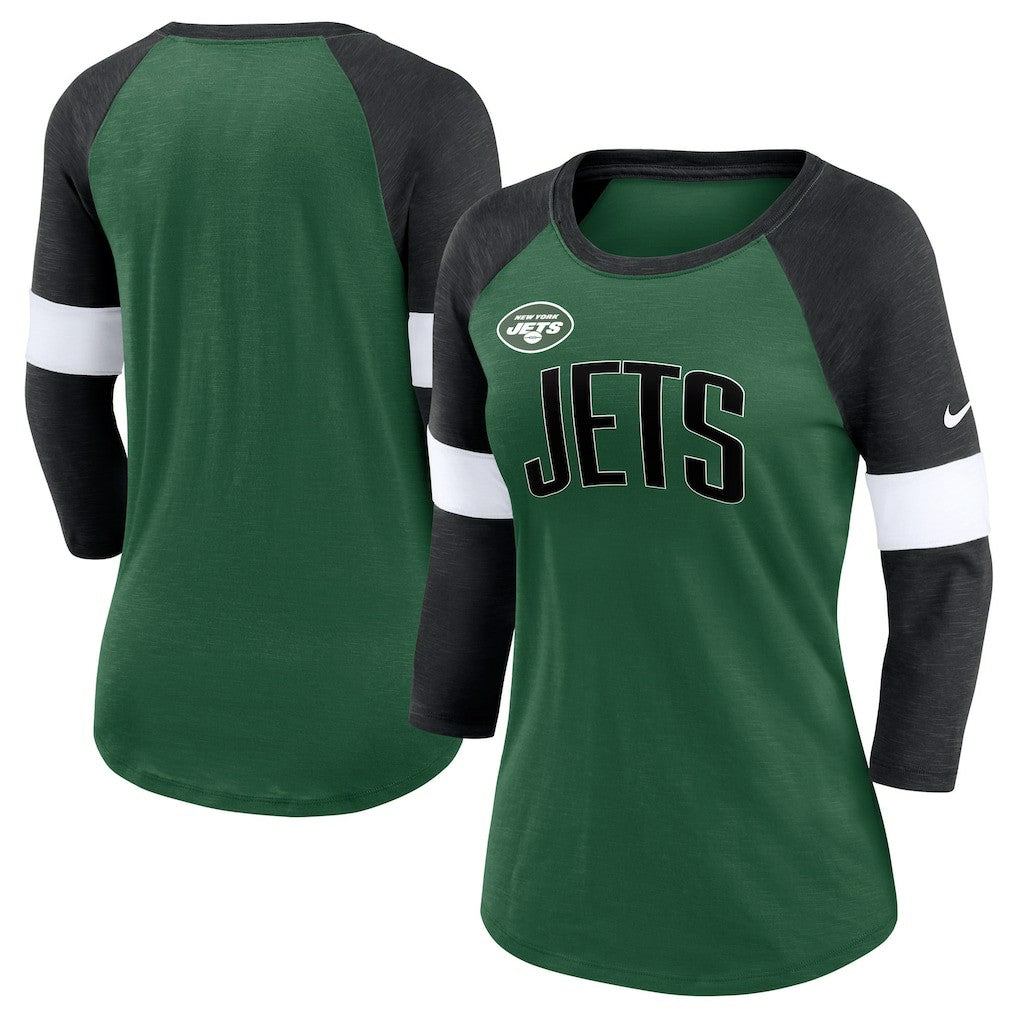 New York Jets Women's Football Pride Raglan 3/4-Sleeve T-Shirt Heather Green/Heather Black - Nike