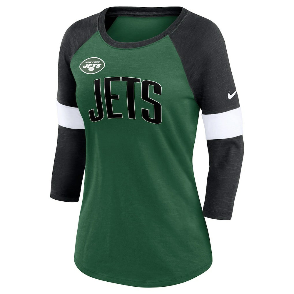 New York Jets Women's Football Pride Raglan 3/4-Sleeve T-Shirt Heather Green/Heather Black - Nike