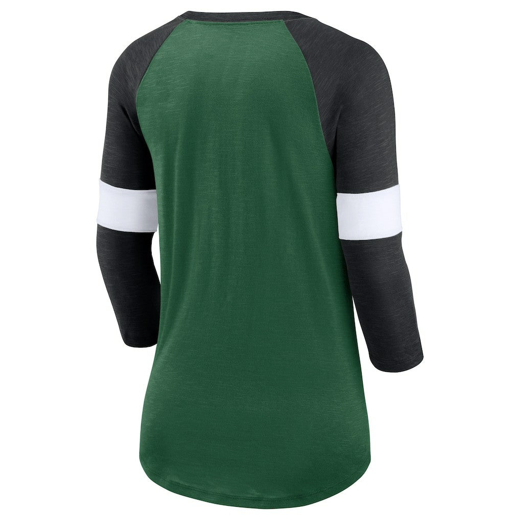 New York Jets Women's Football Pride Raglan 3/4-Sleeve T-Shirt Heather Green/Heather Black - Nike