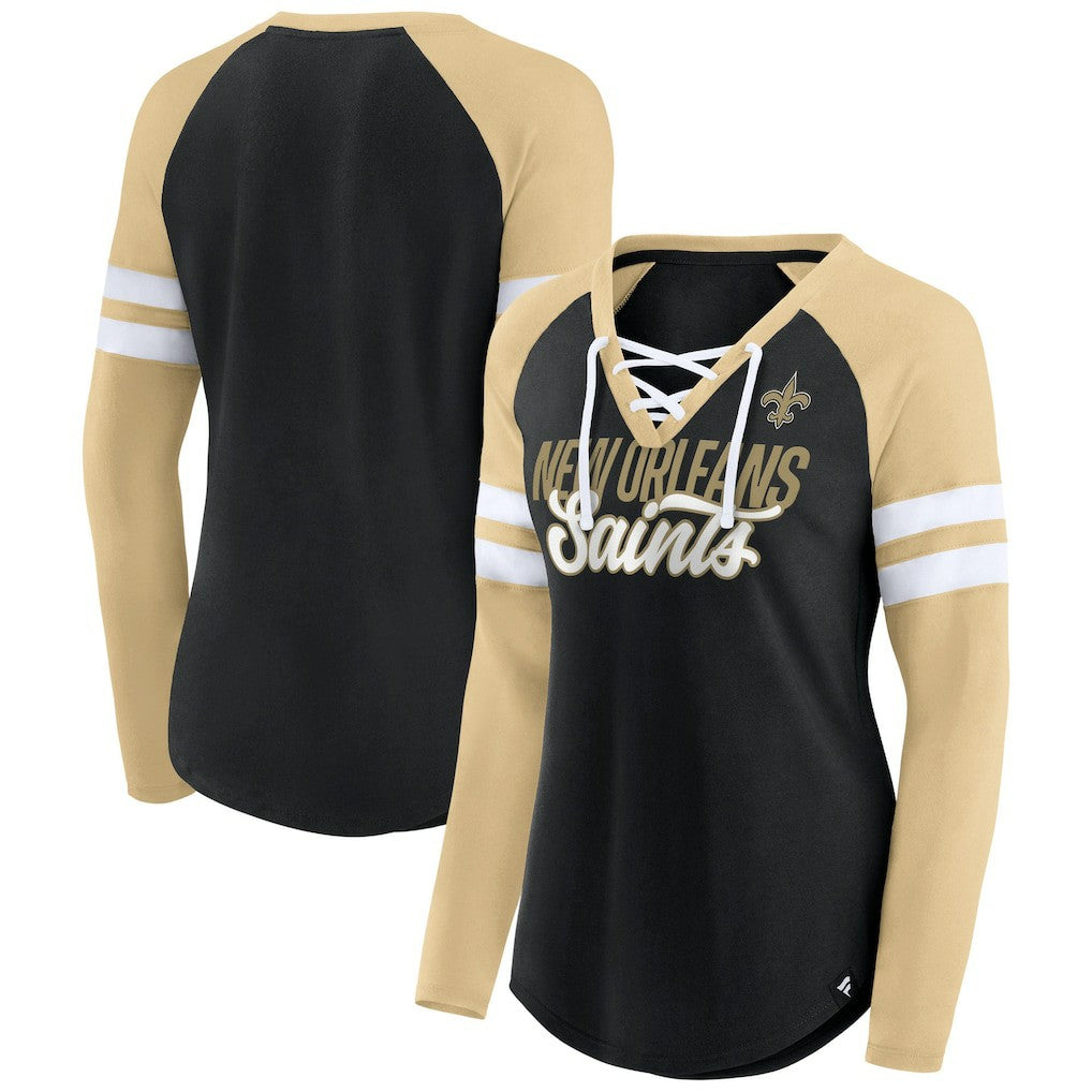 New Orleans Saints Women's True to Form Raglan Lace-Up V-Neck Long Sleeve T-Shirt Black/Gold - Fanatics
