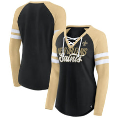 New Orleans Saints Women's True to Form Raglan Lace-Up V-Neck Long Sleeve T-Shirt Black/Gold - Fanatics