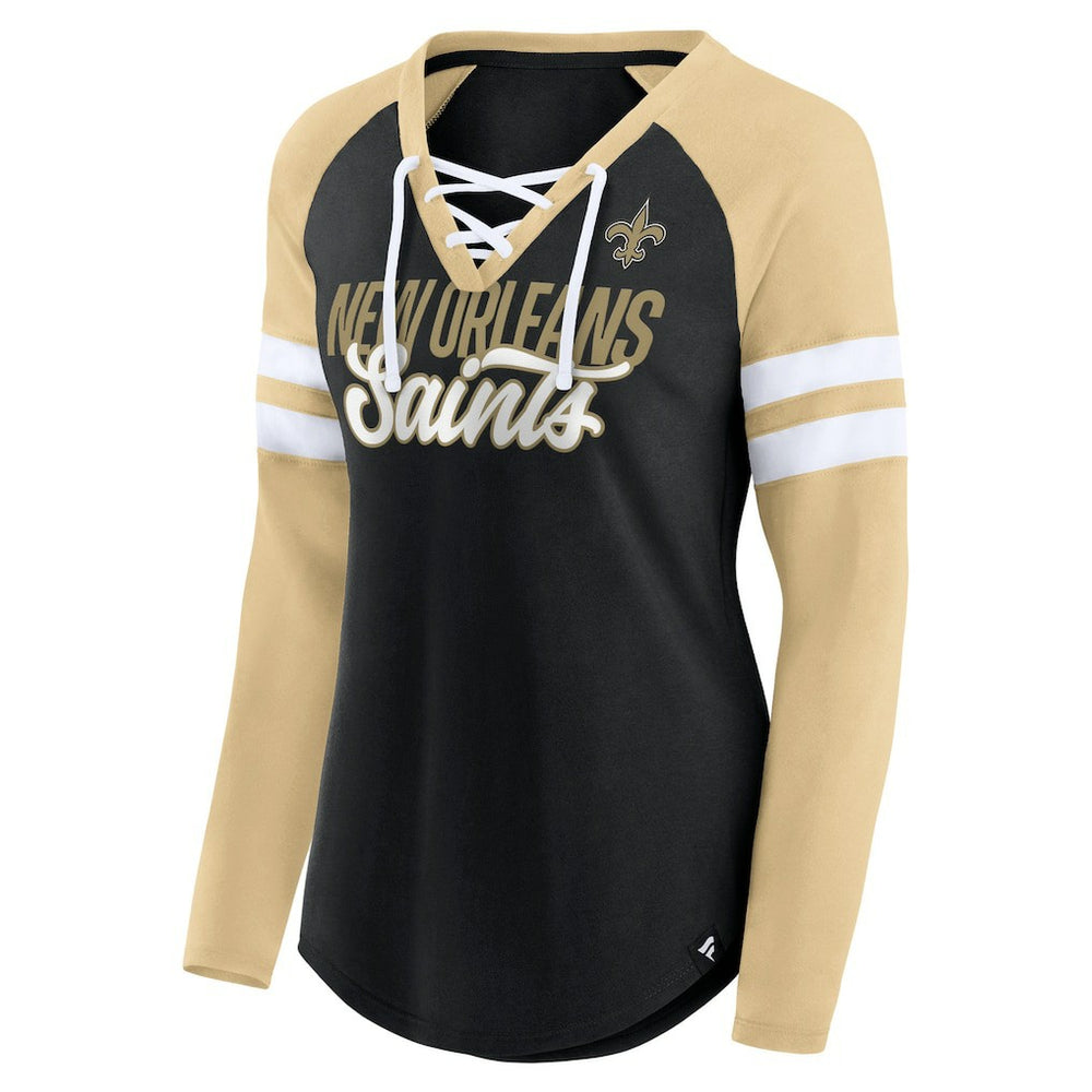 New Orleans Saints Women's True to Form Raglan Lace-Up V-Neck Long Sleeve T-Shirt Black/Gold - Fanatics