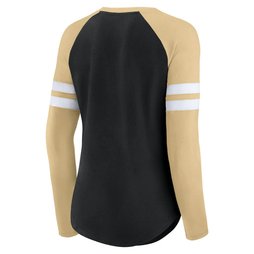 New Orleans Saints Women's True to Form Raglan Lace-Up V-Neck Long Sleeve T-Shirt Black/Gold - Fanatics